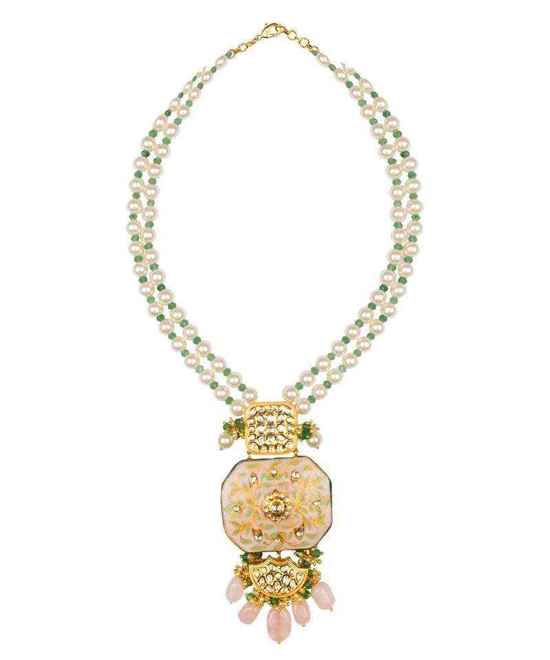 Ethnic Bling Enamelled White And Gold Kundan  Jade Drops  Pearls Necklace