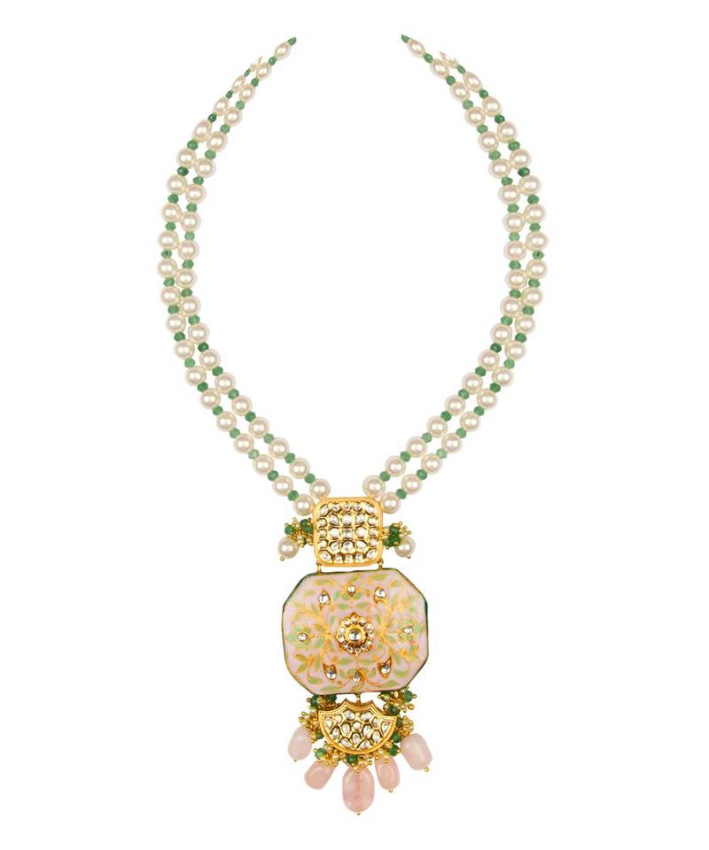 Ethnic Bling Enamelled White And Gold Kundan  Jade Drops  Pearls Necklace