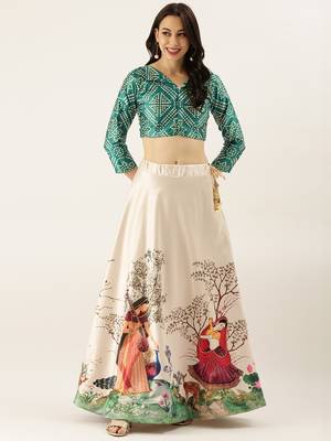 White printed silk semi stitched lehenga 1