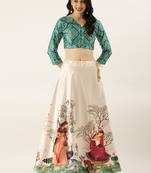 White printed silk semi stitched lehenga