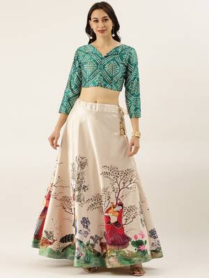 White printed silk semi stitched lehenga 2
