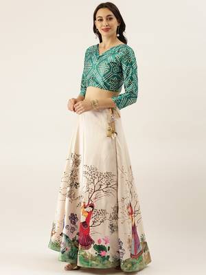 White printed silk semi stitched lehenga 3