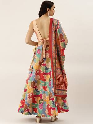 Multicolor printed silk semi stitched lehenga 3
