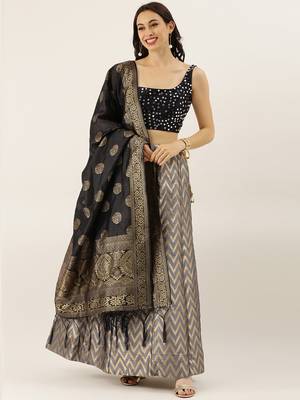Grey printed silk semi stitched lehenga 1