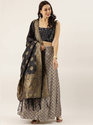 Grey printed silk semi stitched lehenga 2