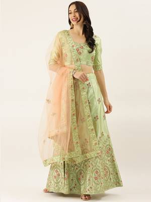 Green embroidered silk semi stitched lehenga 1