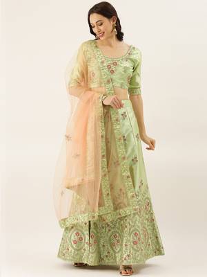 Green embroidered silk semi stitched lehenga 2
