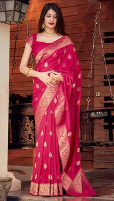Magenta woven Banarasi silk blend saree with blouse 1