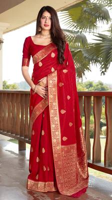 Red woven Banarasi silk blend saree with blouse 1