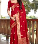 Red woven Banarasi silk blend saree with blouse