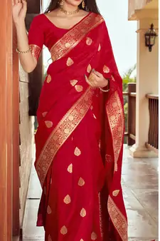 Red woven Banarasi silk blend saree with blouse