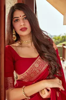 Red woven Banarasi silk blend saree with blouse