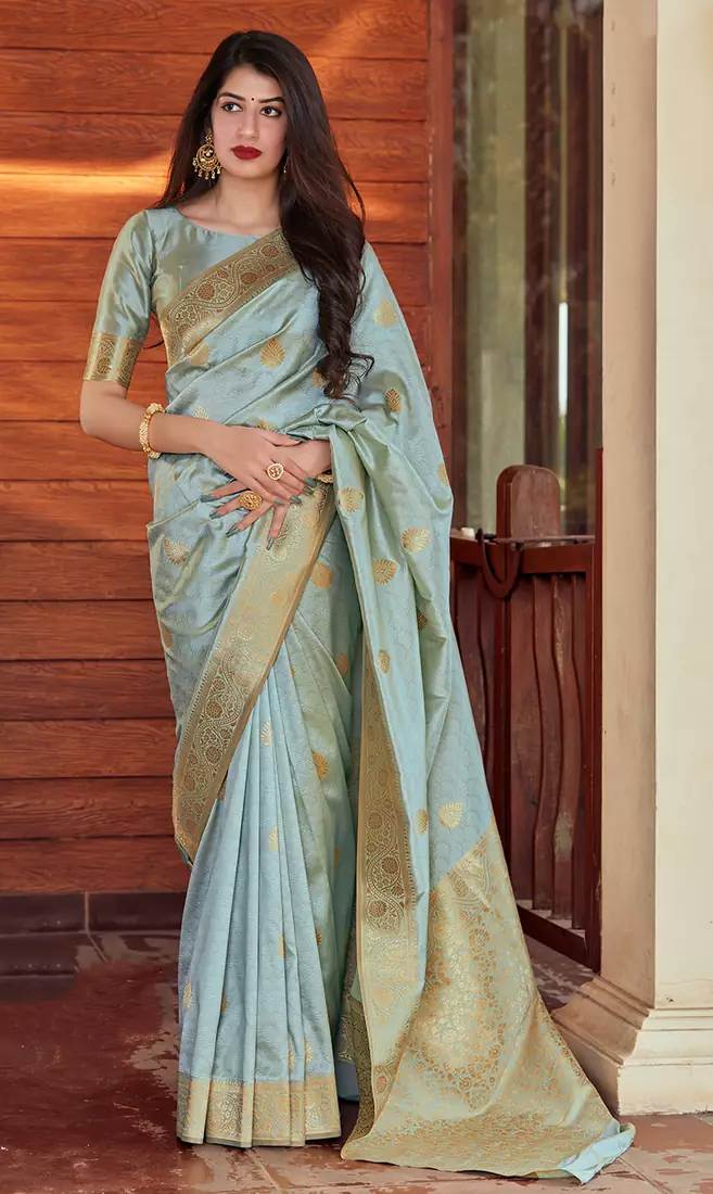   light cyan woven banarasi silk saree with blouse