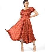 Dusty ornage bandhni digital printed puff sleeves long flarry tunic dress