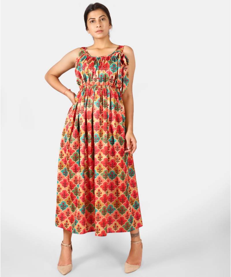 Orange geometric digital printed ankle length tunic dress
