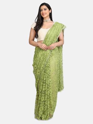 Parrot green plain net saree with blouse 3
