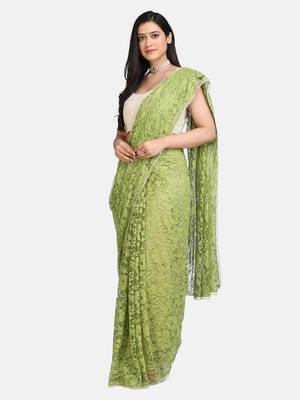 Parrot green plain net saree with blouse 1
