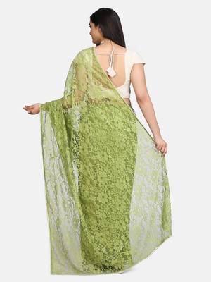 Parrot green plain net saree with blouse 4