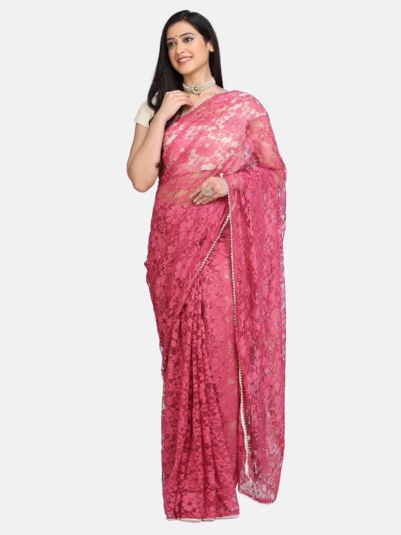 Pink plain net saree with blouse