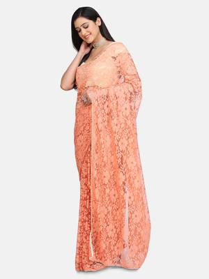 Peach plain net saree with blouse 3