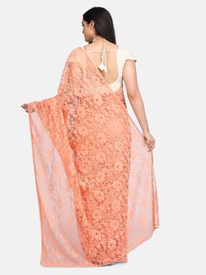 Peach plain net saree with blouse 5