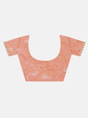 Peach plain net saree with blouse 7