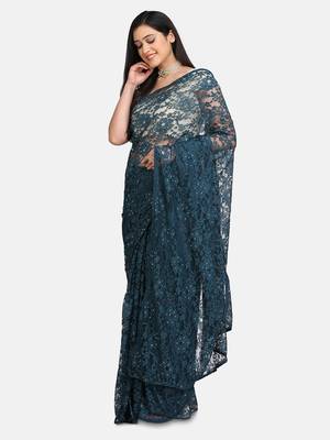 Blue Brasso Net Saree With Blouse 3