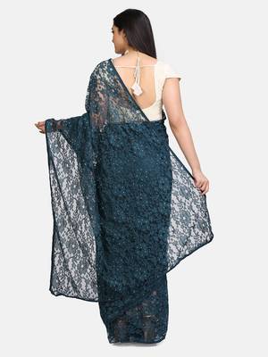 Blue Brasso Net Saree With Blouse 5
