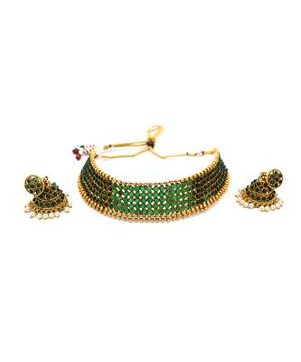Green Stone Antique Kempu Choker Necklace Set 3