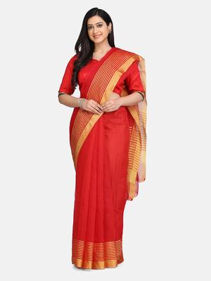 red woven cotton silk saree with blouse 1