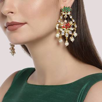 Designer Red Green Meenakari lotus floral motif danglers-drops stud earrings 1