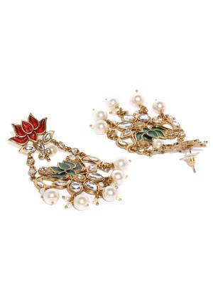 Designer Red Green Meenakari lotus floral motif danglers-drops stud earrings 1
