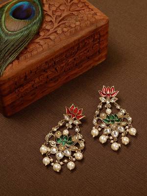 Designer Red Green Meenakari lotus floral motif danglers-drops stud earrings 1