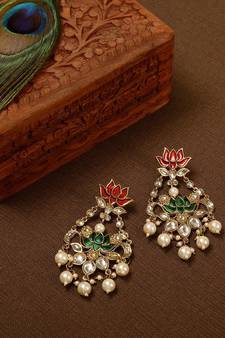 Designer Red Green Meenakari lotus floral motif danglers-drops stud earrings