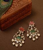 Designer Red Green Meenakari lotus floral motif danglers-drops stud earrings