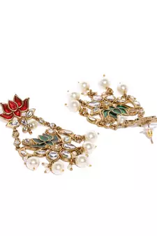 Designer Red Green Meenakari lotus floral motif danglers-drops stud earrings