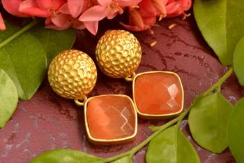 Designer Orange stone floral motif danglers drops Studs earrings 2
