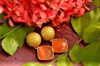 Designer Orange stone floral motif danglers drops Studs earrings 1