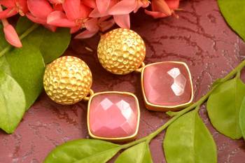 Designer Pink stone floral motif danglers drops Studs earrings 1