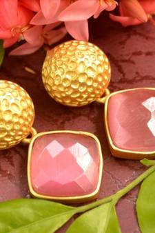 Designer Pink stone floral motif danglers drops Studs earrings