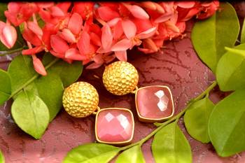 Designer Pink stone floral motif danglers drops Studs earrings 2