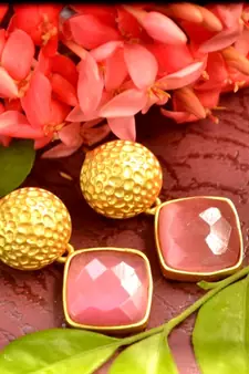 Designer Pink stone floral motif danglers drops Studs earrings