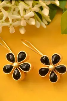 Designer Black stone floral motif danglers drops hoop earrings