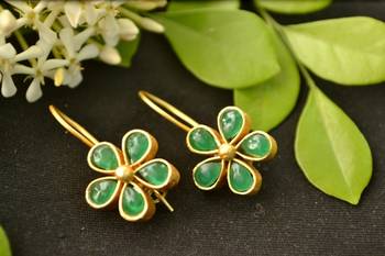 Designer green stone floral motif danglers drops hoop earrings 1
