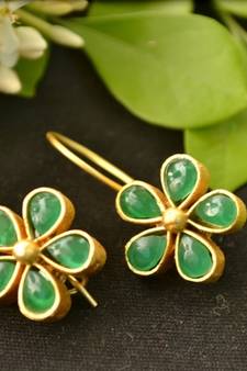Designer green stone floral motif danglers drops hoop earrings