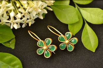 Designer green stone floral motif danglers drops hoop earrings 2