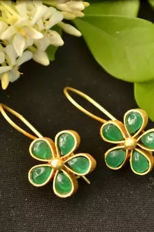 Designer green stone floral motif danglers drops hoop earrings
