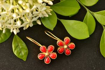 Designer Red stone floral motif danglers drops hoop earrings 1