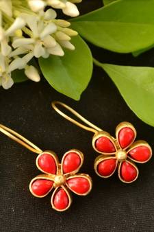 Designer Red stone floral motif danglers drops hoop earrings