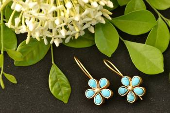 Designer Turquoise stone floral motif danglers drops hoop earrings 1